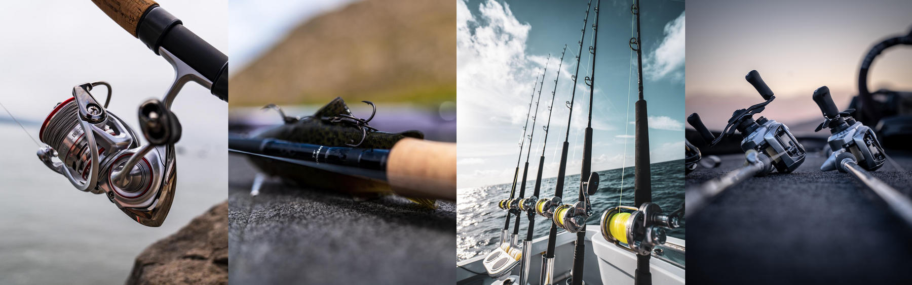 Four fishing lifestyle images of Daiwa fishing rods and reels merged together