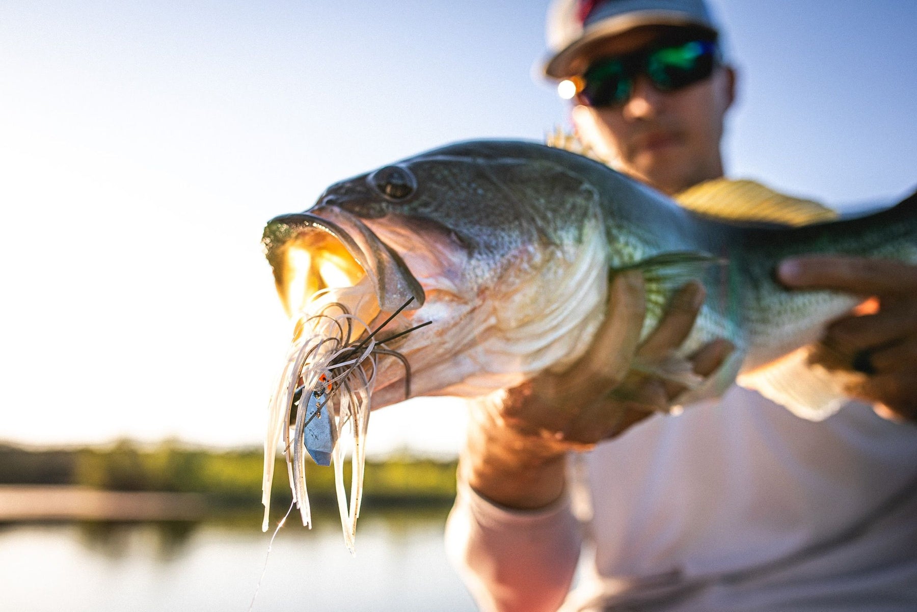 Image of a sport fisherman holding a bass with a ChatterBait in its mouth