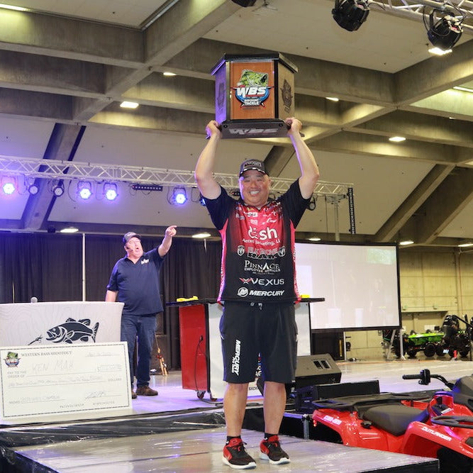 Ken Mah hoisting the 1st Place Trophy at the Western Bass Shootout