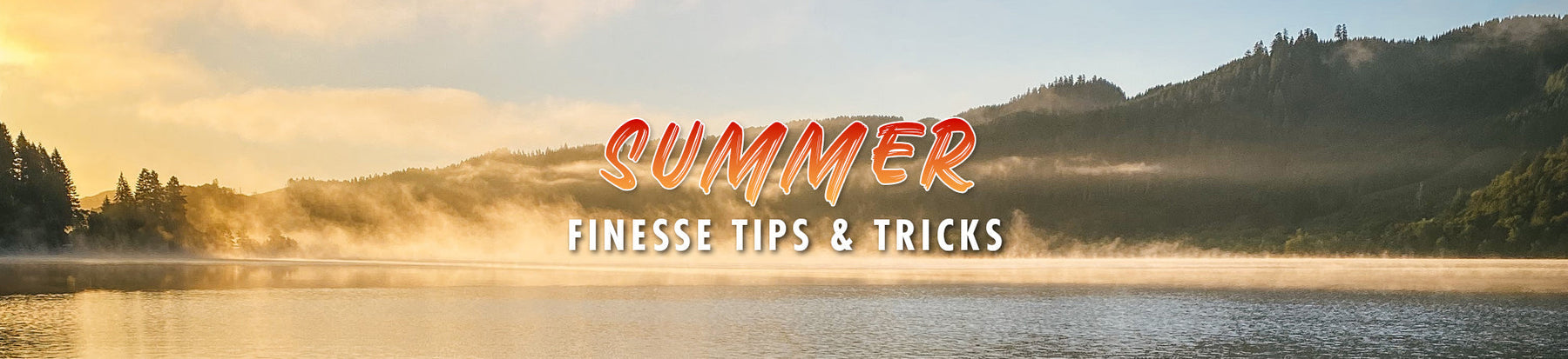 Words "Summer Finesse Tips & Tricks" overtop a picture of a misty sunrise lake