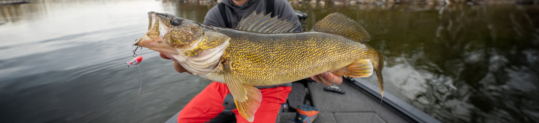 Person holding a large fish on the deck of a boat on a calm lake