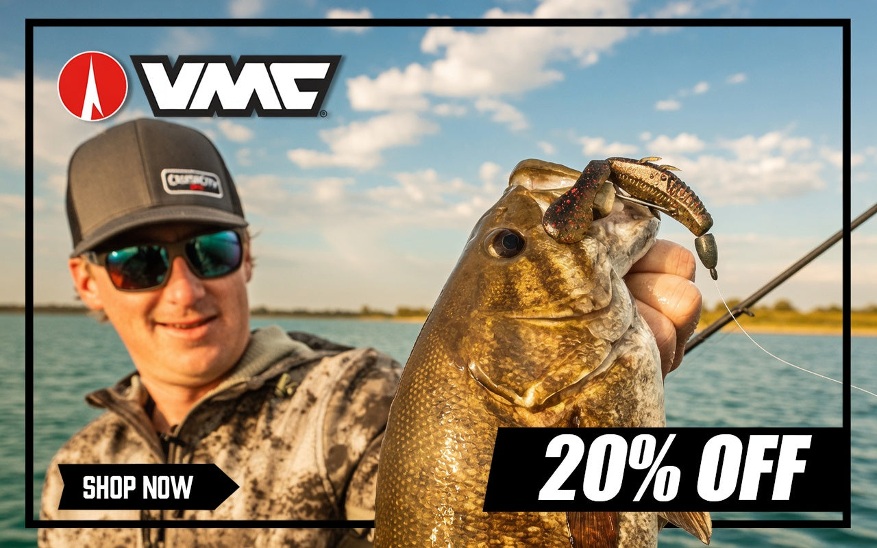 Man holding a large fish with a fishing rod, promotional text overlay, and VMC logo.