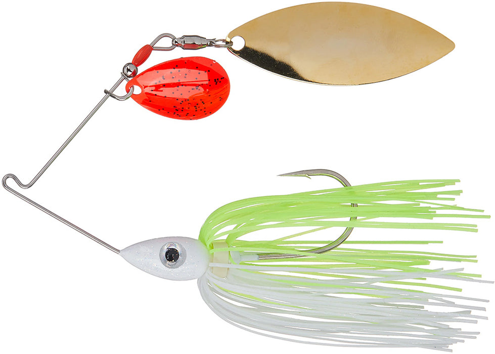 Nichols Lures Pulsator Kicker Series Tandem Colorado Willow Spinnerbait - 1/2 oz - White & Chartreuse - Red/Gold Blades