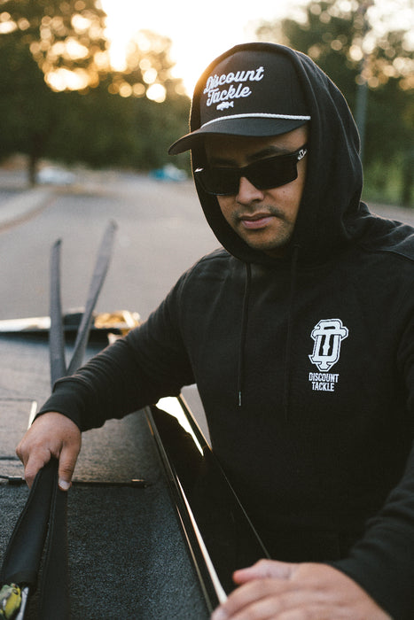 Discount Tackle fishing and lifestyle apparel. DT Interlock hooded sweatshirt front design.