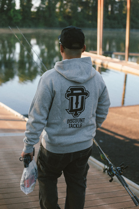 Discount Tackle fishing and lifestyle apparel. DT Interlock hooded sweatshirt back design.