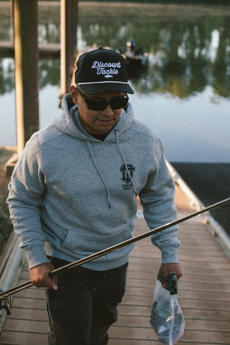 Discount Tackle fishing and lifestyle apparel. DT Interlock hooded sweatshirt front design.