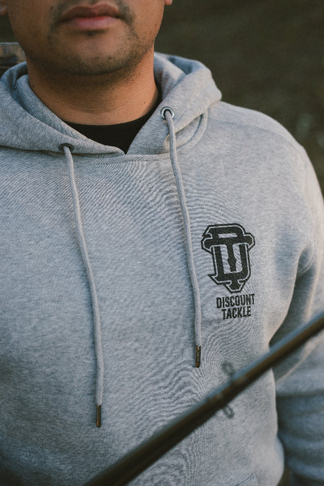 Discount Tackle fishing and lifestyle apparel. DT Interlock hooded sweatshirt front design.