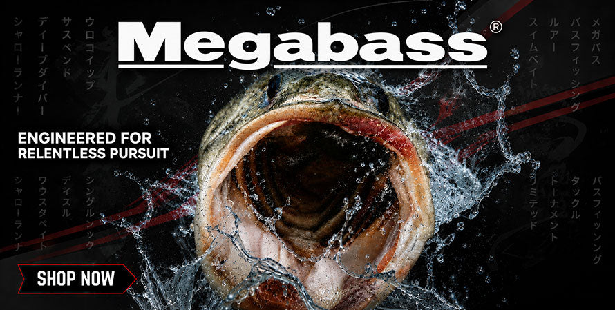 Megabass fishing brand advertisement with a fish mouth open underwater.