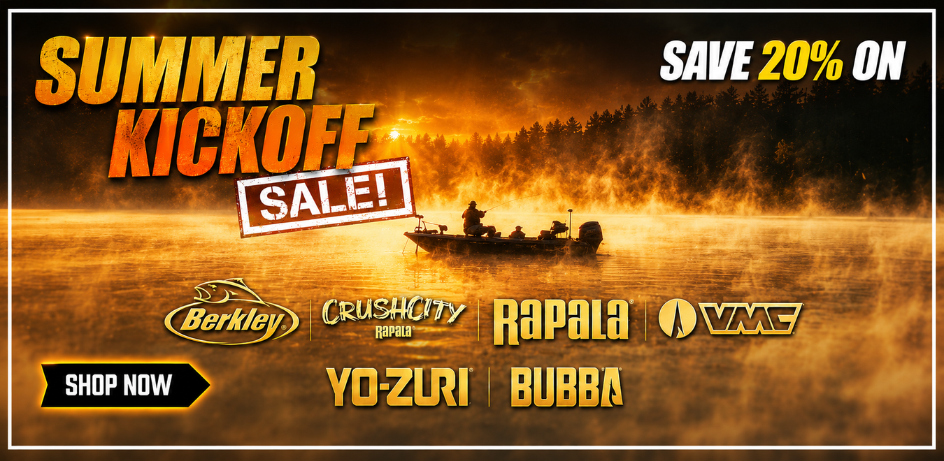 Promotional banner for a summer kickoff sale with fishing equipment brands on a sunset lake background.